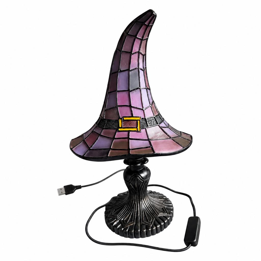 Stained Glass Witch Hat Table Lamp USB Plug In Mosaic Shade Decorative Accent Light for Home Office Party Holiday Decor