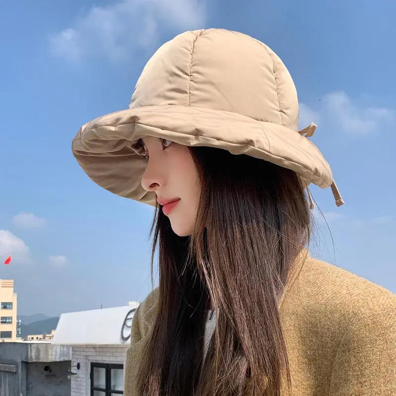 WTEMPO Couple Autumn Winter Down Cotton Bucket Hats Women Solid Color Warm Casual Hats Elegant Casual Versatile Hats