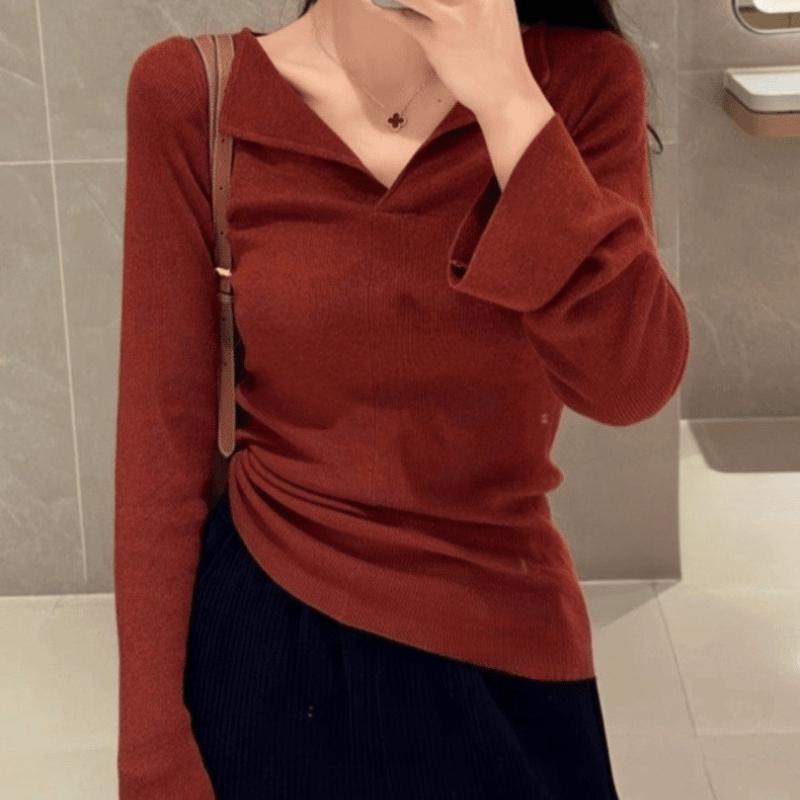 Ankara Červený Svetr s Výstřihem do V Slim Fit Dámský Jaro Instagram Chic Designérský Top s Dlouhým Rukávem Základní Vrstva Košile