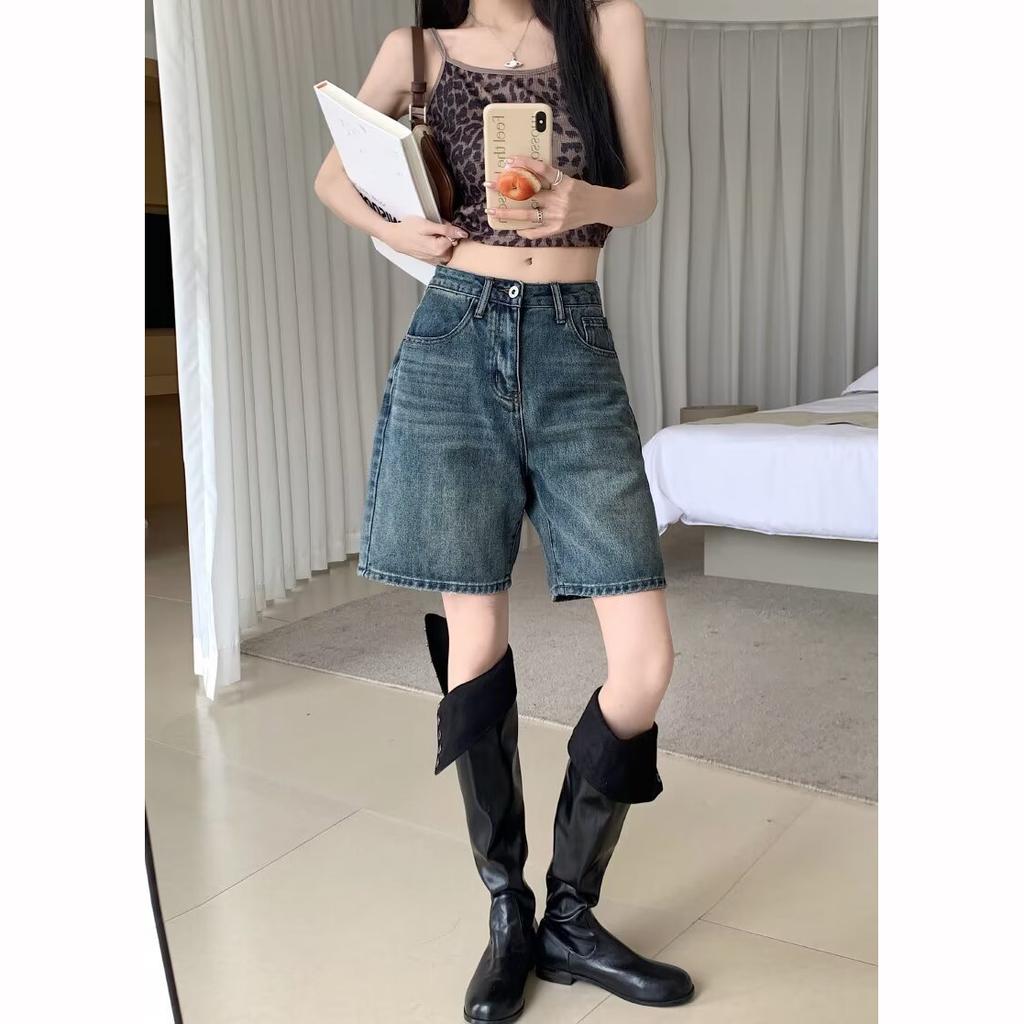 Denim Pants Pockets Vintage High Waist Shorts Women Wide Leg Streetwear Jeans Button Zipper