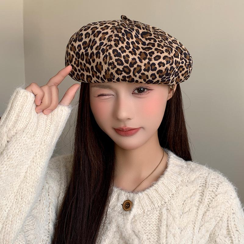 American Retro Leopard Print Beret Hat for Women In Autumn and Winter Hot Girl Fashionable Temperament  Versatile Face  Newsboy Painter Hat
