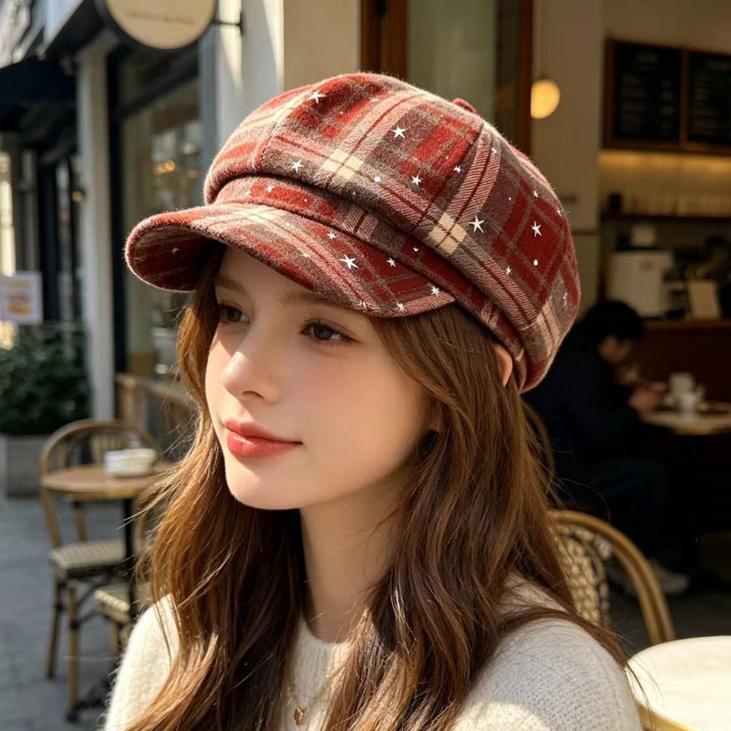 Korean Autumn And Winter Plaid Star Versatile Octagonal Hat Female British Retro Literary And Artistic Face Small Beret Painter Hat