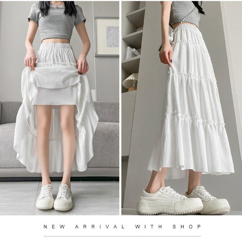 Korean Style Puffy White A-Line Skirt for Women - High Waist, Mid-Length, Spring/Summer 2025