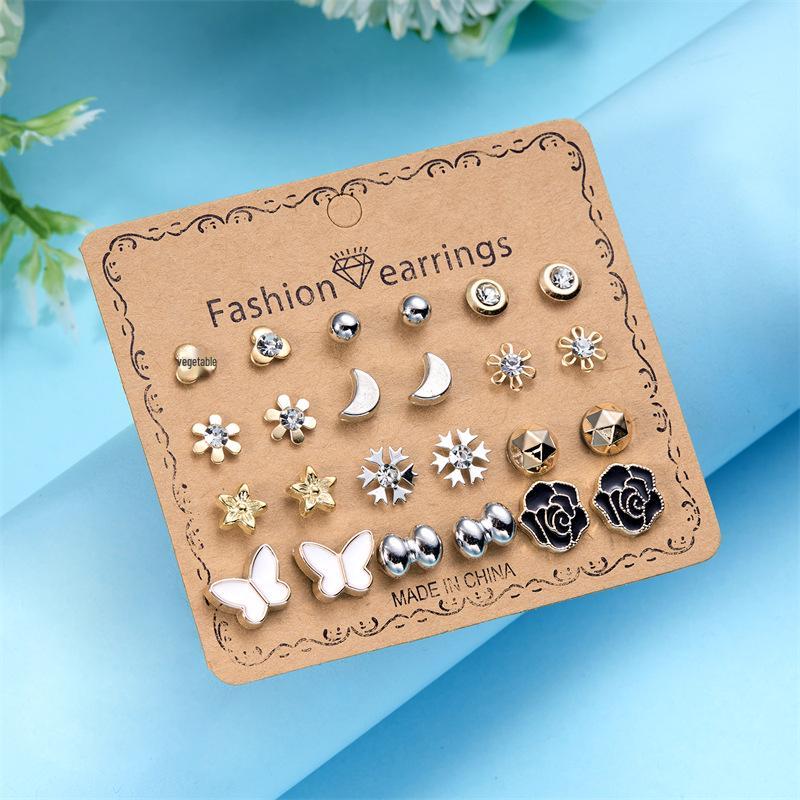 European & American Gold Fashion 12-Pair Rhinestone Stud Earring Set: Hearts, Feathers, Figure 8, Stars
