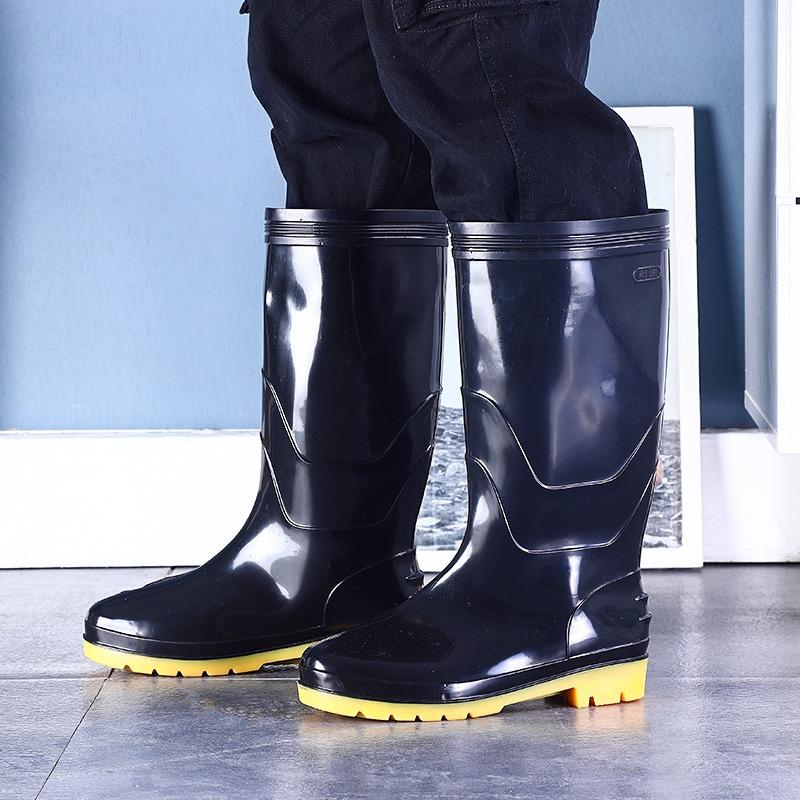Tall tube autumn men's long tube round head warm fleece rain shoes comfortable low heel plastic rain boots kitchen special water shoes men