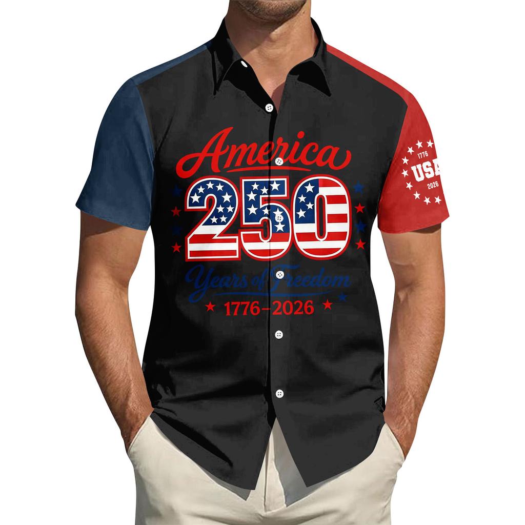 Top da Uomo Stampato per il Giorno dell'Indipendenza con Colletto Camicia Casual Sportiva a Maniche Corte da Uomo