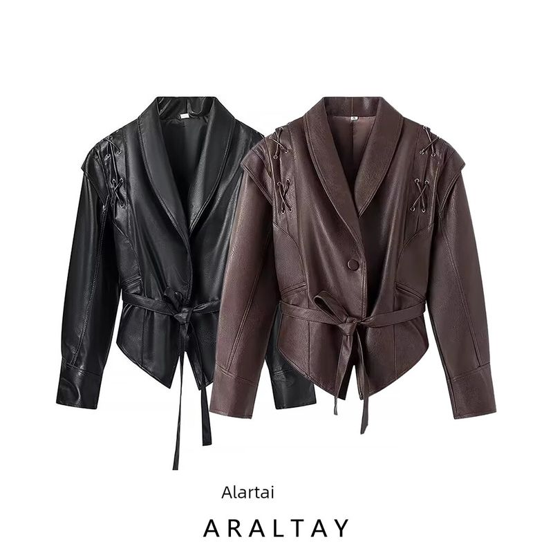Araltay Western Style Women clothes Autumn New Fashion Slim fit All-Match With Belt Motorcycle Leather Coat Outerwear