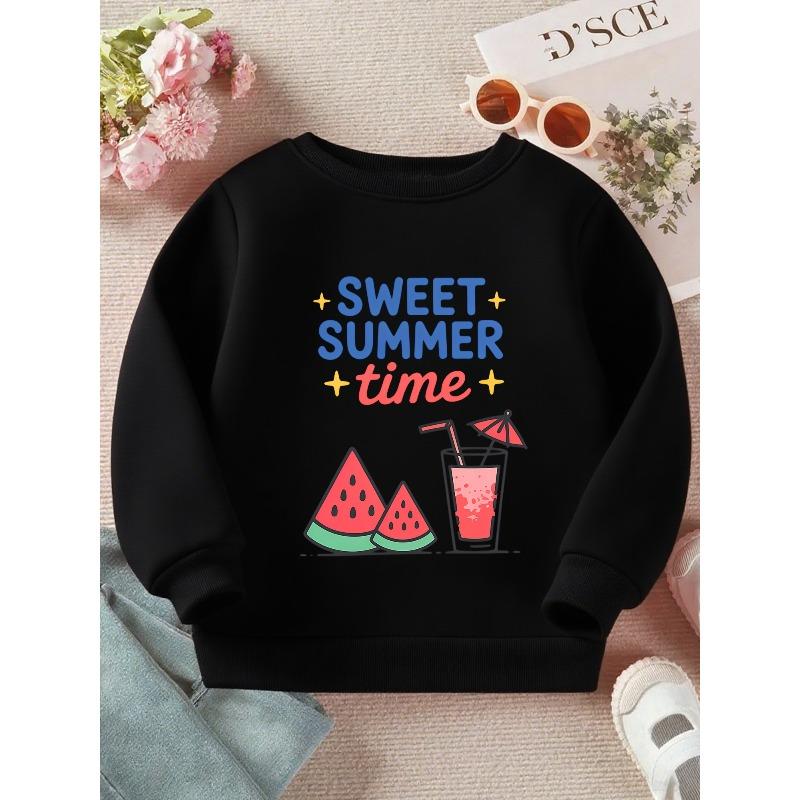 Kids Crewneck Long Sleeve Sweatshirt, Cute Watermelon Drink Graphic Print