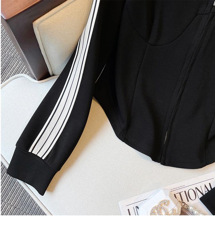 Plus Size Women's Spring Fashion Two-Piece Set: Stand-up Collar Top with Three-Stripe Workwear Pants