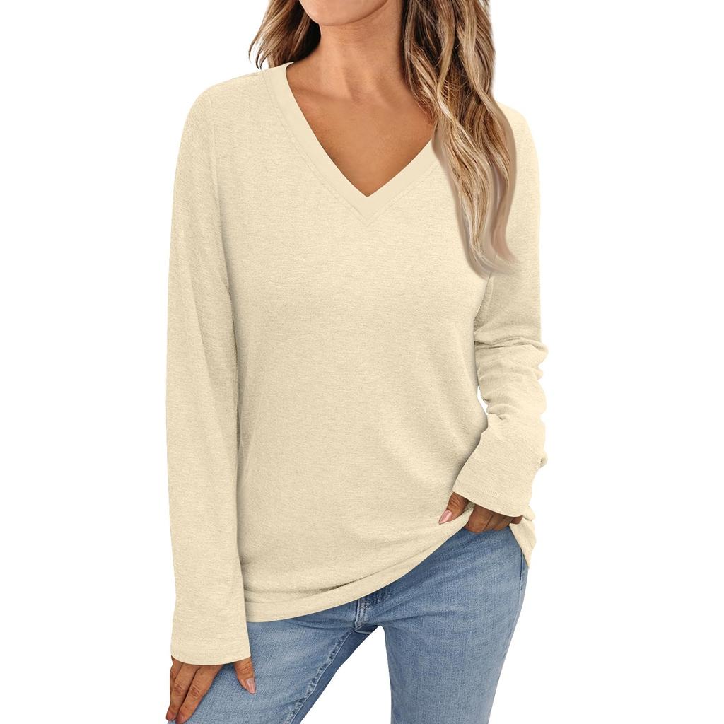 Dámské módní tričko Vintage barevně ladící s dlouhým rukávem a výstřihem do V