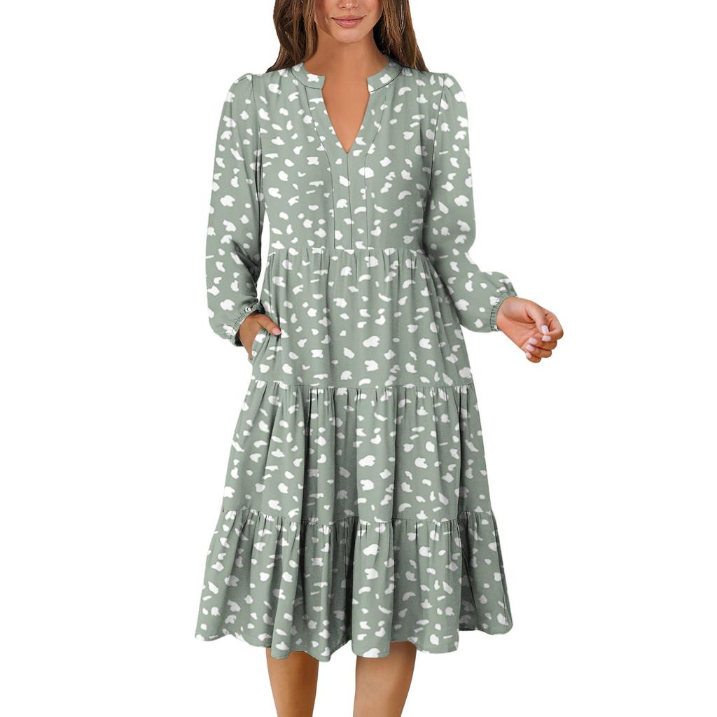 Women's V-Neck Flowing Layered Bohemian Long Sleeve Floral Print Dress