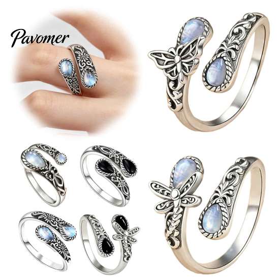 Faux Moonstone Ring Vintage Ring, Waterdrop Fake Gemstone Adjustable Open Healing Stone Band Jewelry for Couple, Women