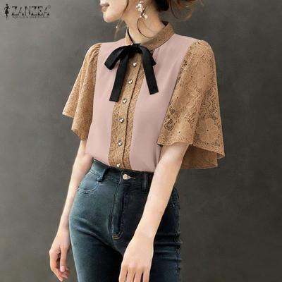 Womens Fashion Casual Lace Splice Half Sleeve Blouse
