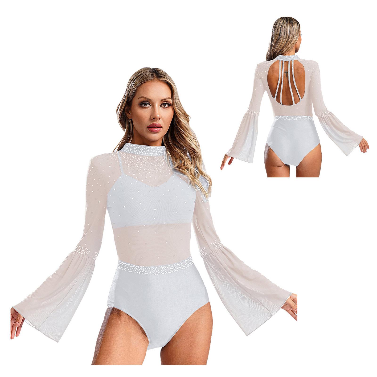 

Жіночий блискучий леотар зі стразами, прозорий сітчастий печворк, з коміром-стійкою, рукавами-кльош, без спинки, танцювальний одяг XXL білий