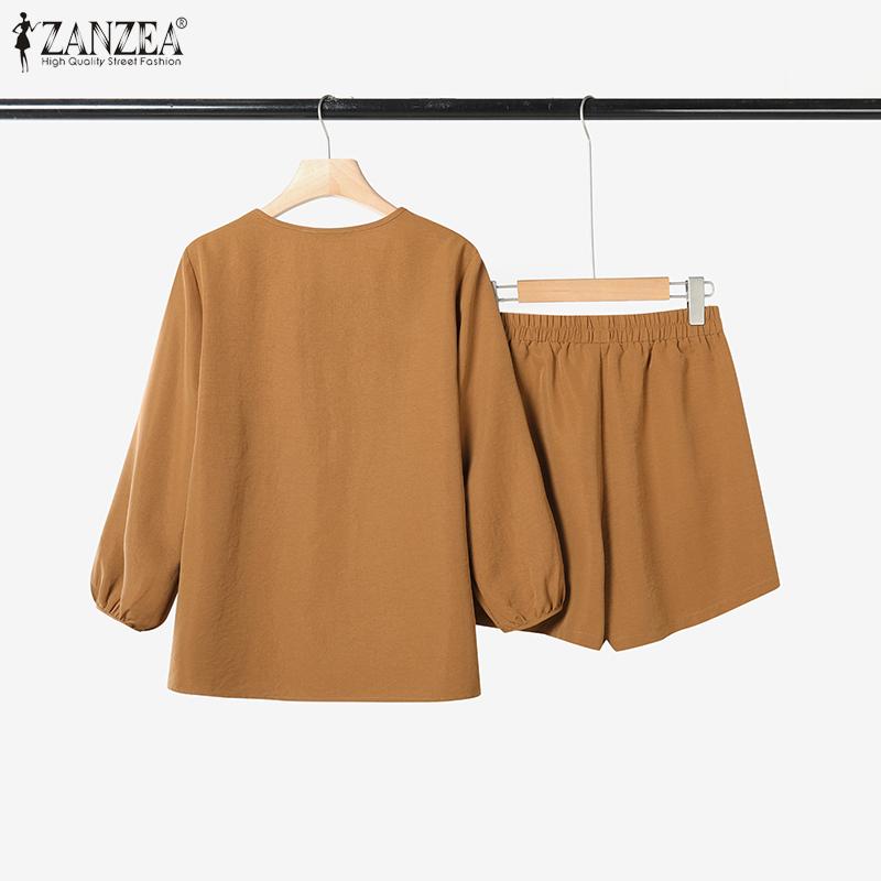 ZANZEA Women Long Sleeve Blouse and Shorts Summer Two Piece Suit Sets