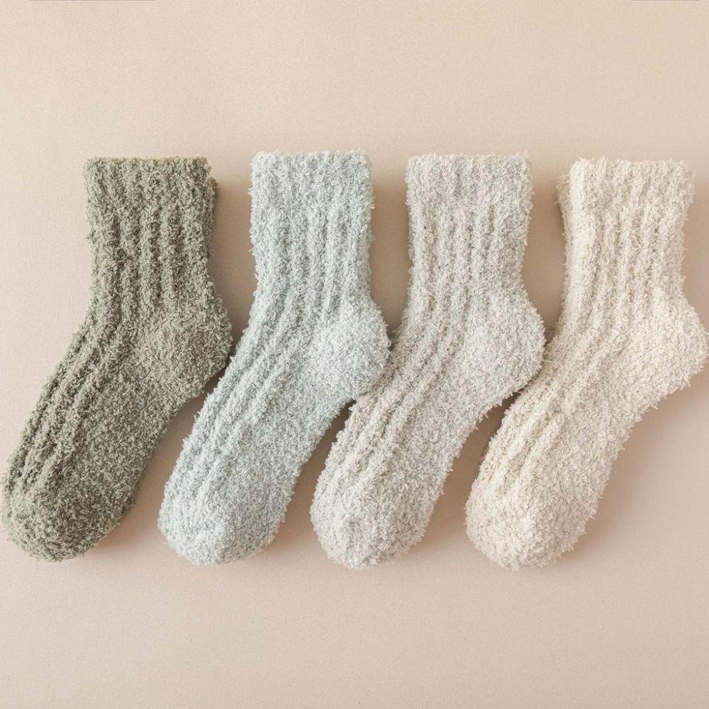 4Pairs Sleeping Floor Plush Socks Winter Mid Tube Socks Women Kawaii Coral Fleece Socks  Autumn