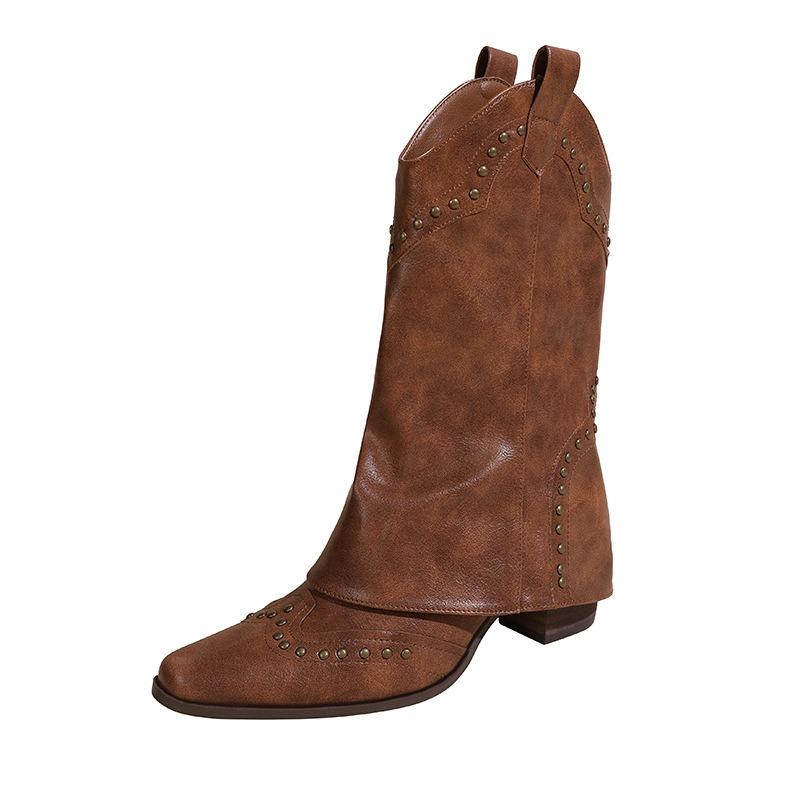 Retro Short Boots Brown Boots Fashion Western Cowboy Boots Riveted Chelsea Medium Tube Boots Women