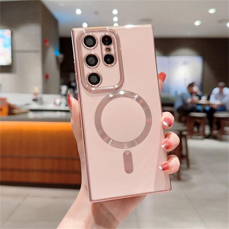 

Роскошный магнитный чехол для телефона с беспроводной зарядкой для Samsung S21 S22 S23 Ultra Plus Magsafe, бампер, противоударный мягкий чехол Samsung S23 Ultra розовый