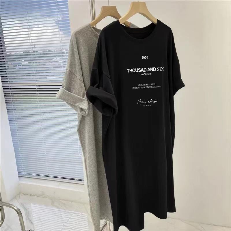 Loose-fitting Large-sized Round-neck Short-sleeved T-shirt Skirt, Long Summer New Style Laid-back Dress, Women's Over-the-knee Nightgown