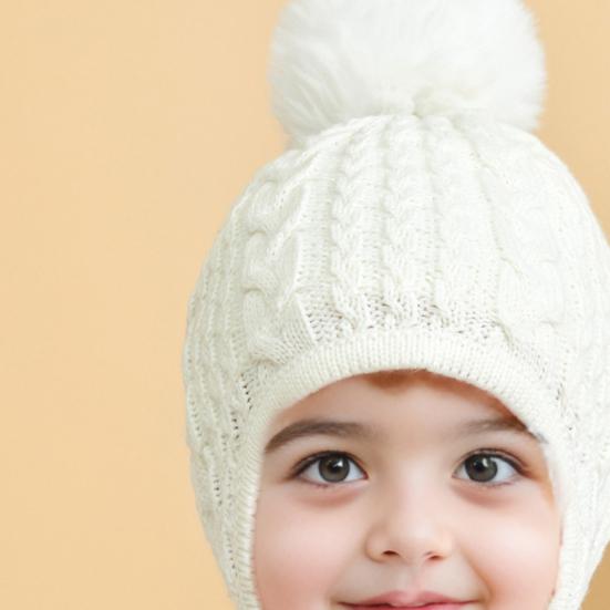 Children Hat Plush Ball Decor Twist Texture Lace-up Knitting Hat Solid Color Design Breathable Warm Winter Hat