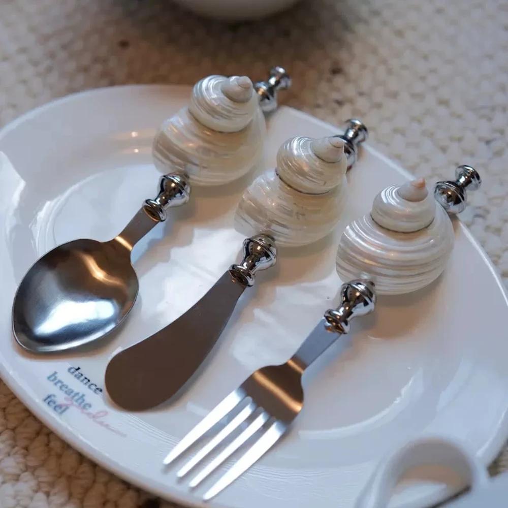 Light Luxury Natural Conch Shell Dessert Fork Spatula Stainless Steel Flatware Kitchen Utensils Set Home Tableware Spoon Gift