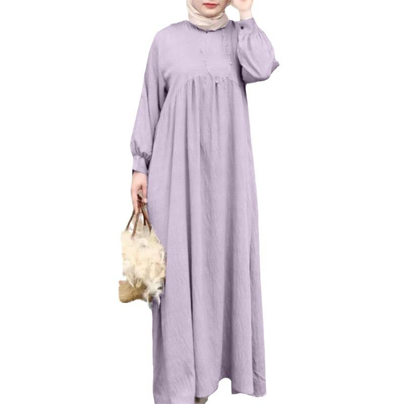 Plus Size Solid Color Long Sleeve Muslim Casual Pullover Dress