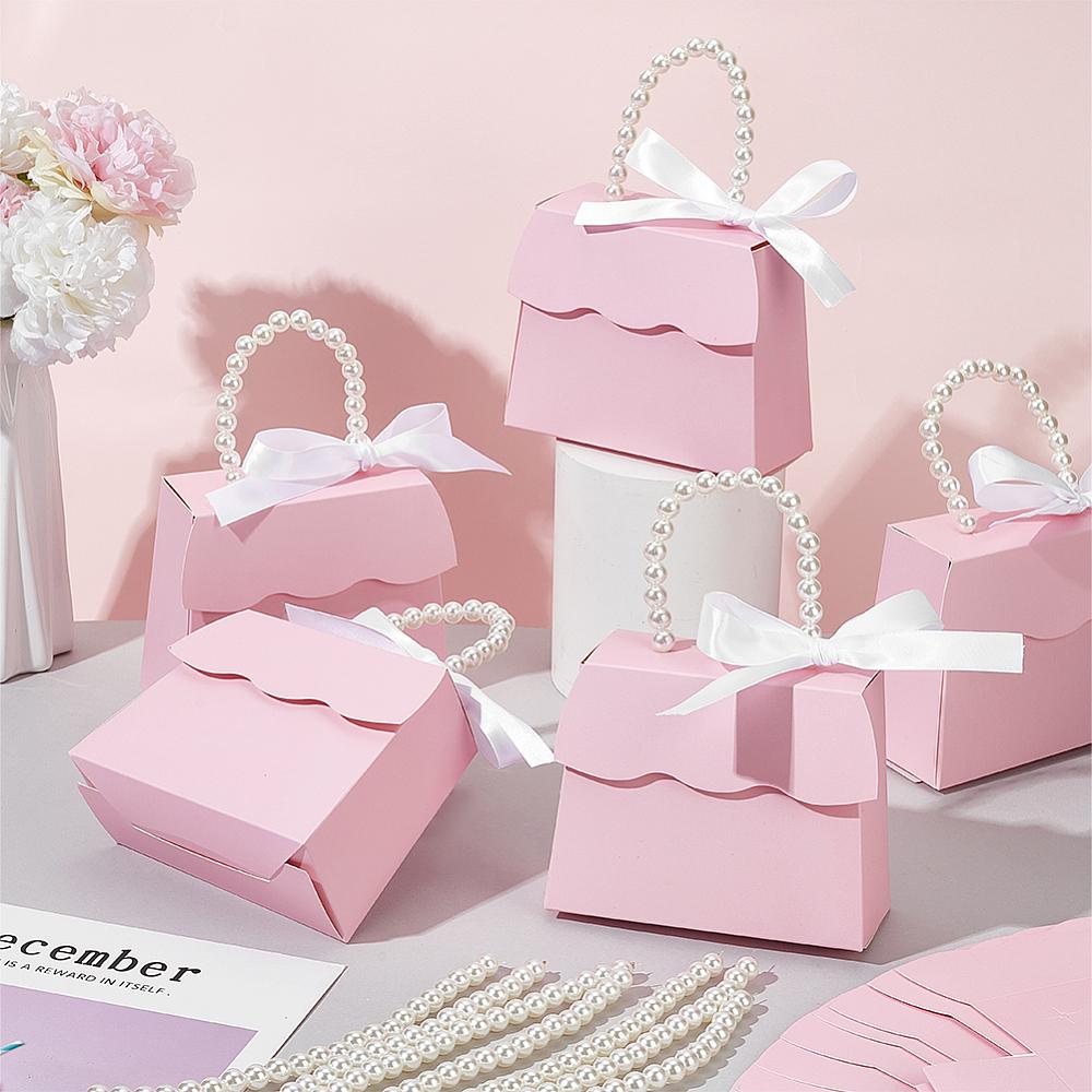 16sets Trapezoid Paper Gift Box with Plastic Imitation Pearl Handles for Gift Giving & Packaging Pearl Pink Finished Product: 13.6x6x10.7cm
