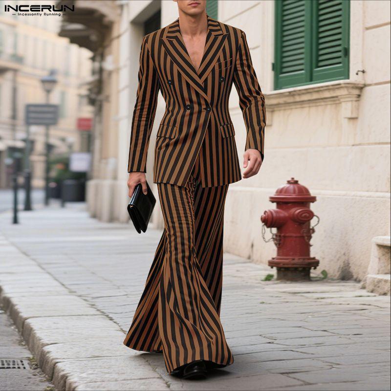 INCERUN Two Pieces Men Lapel Striped Long Sleeve Thin Blazer Long Flare Pants Sets