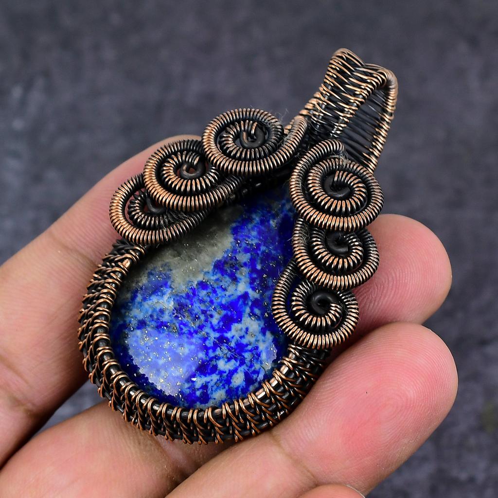 Natural Lapis Lazuli Gemstone Copper Wire Wrap Jewelry Pendant 2.36" ET-4642