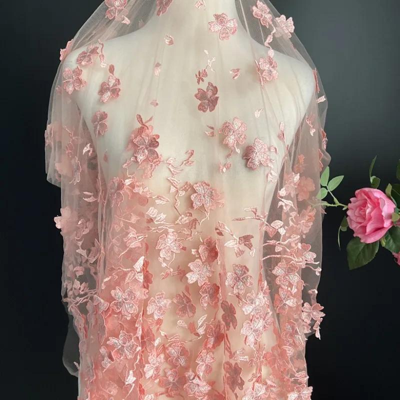 50x125cm Bleu Clair Rose Broderie Dentelle 3D Fleur Tissu Tissu pour Robe Vêtement Fond pour Mariage Senior Tournage en Direct
