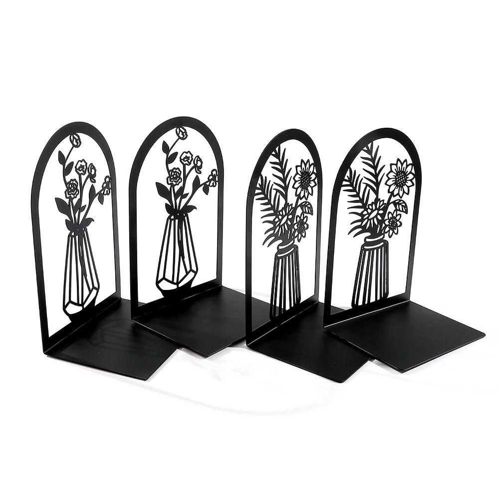 2Pcs 2025 Anti-Slip Metal Bookends Hollow L-shaped Book Rack Stand Modern Flower Carved Pattern Book Holder