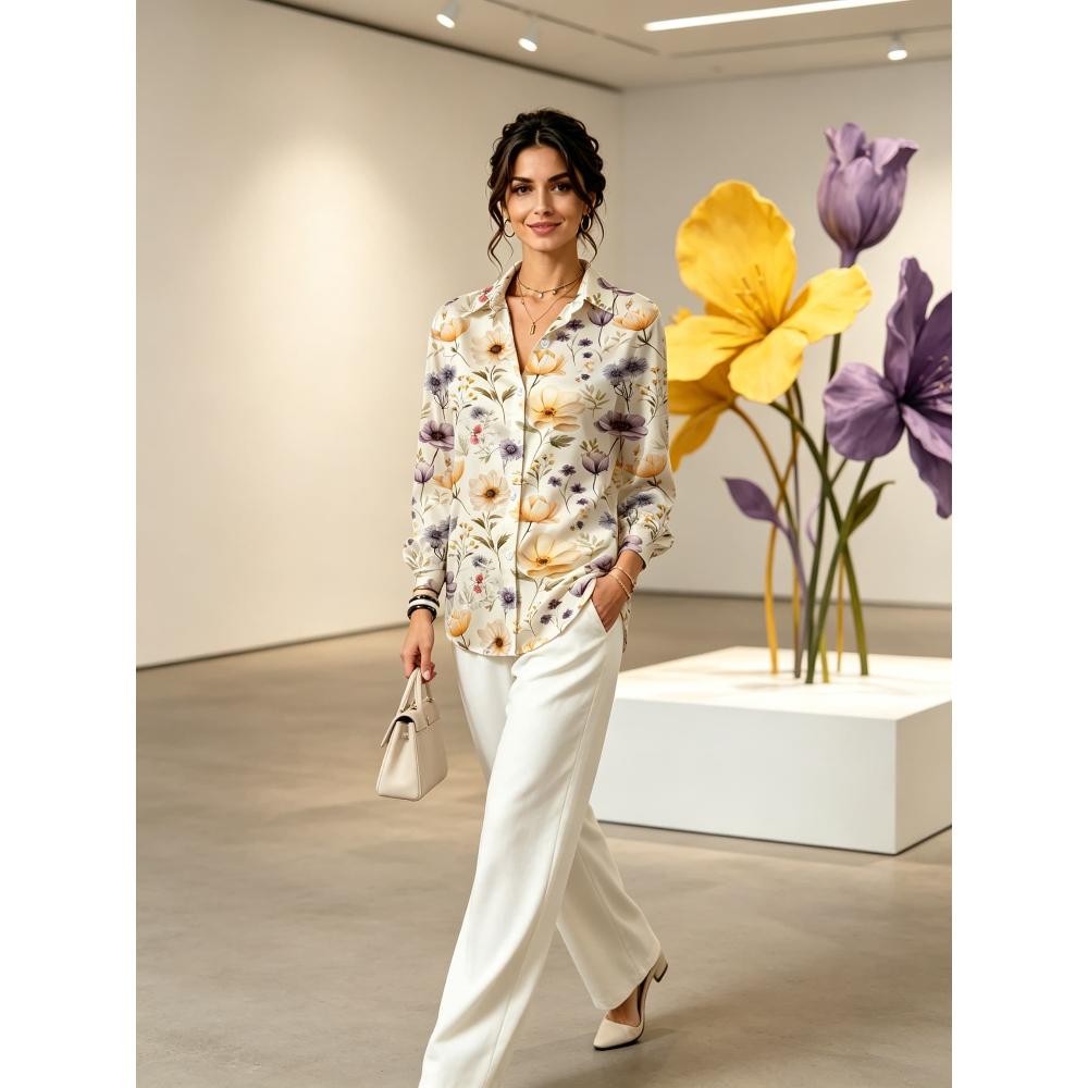 Light Purple Floral Print Satin Long Sleeve Shirt, Women Lapel Blouse for Office & Daily
