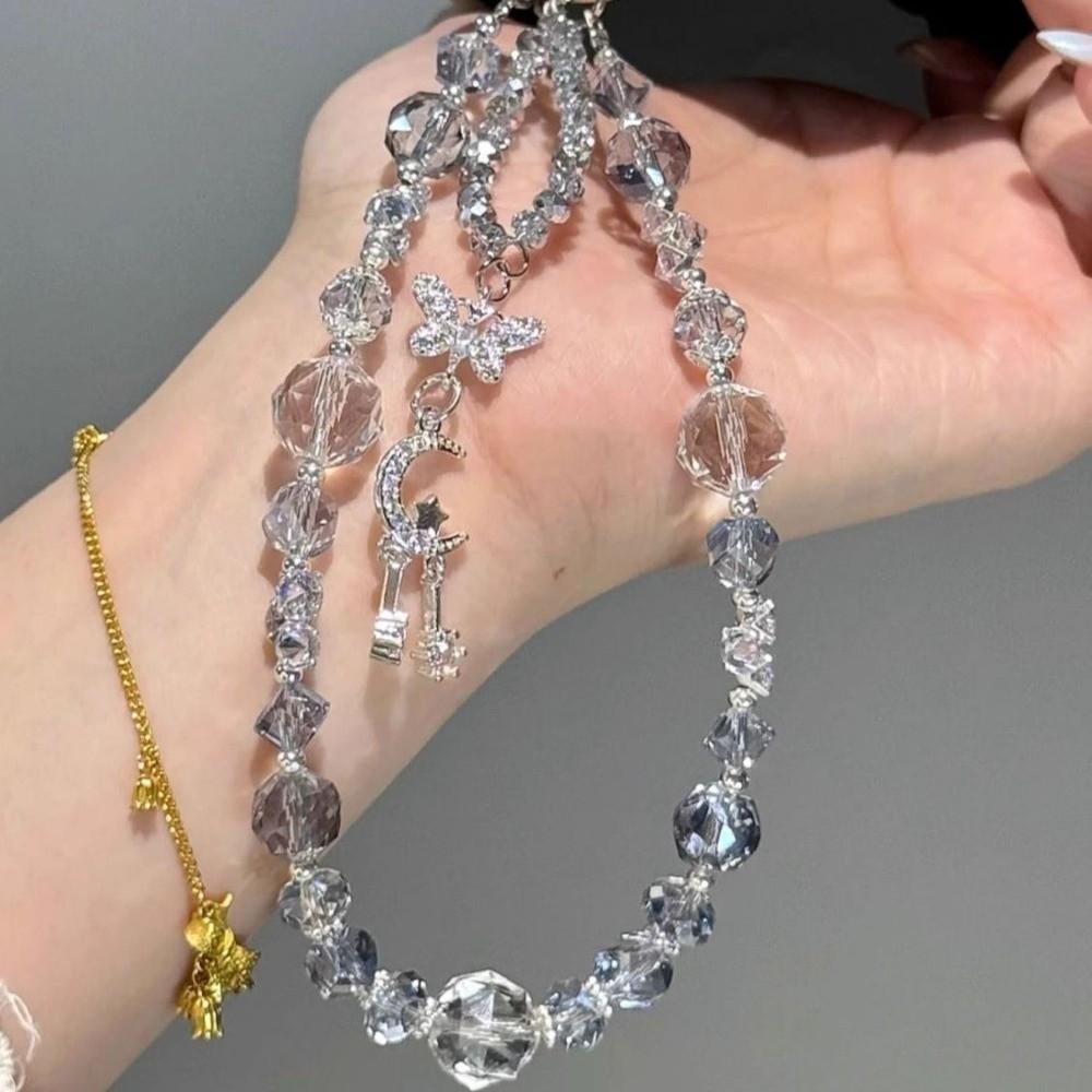 Ice Transparent Phone Wrist Strap Bracelet Rhinestone Beaded Pendant Keychain  Bag