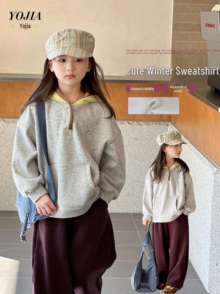 YOJIA Girls' Fleece-Lined Hooded Sweatshirt - Winter 2025 Trendy Thickened Top for Big Kids