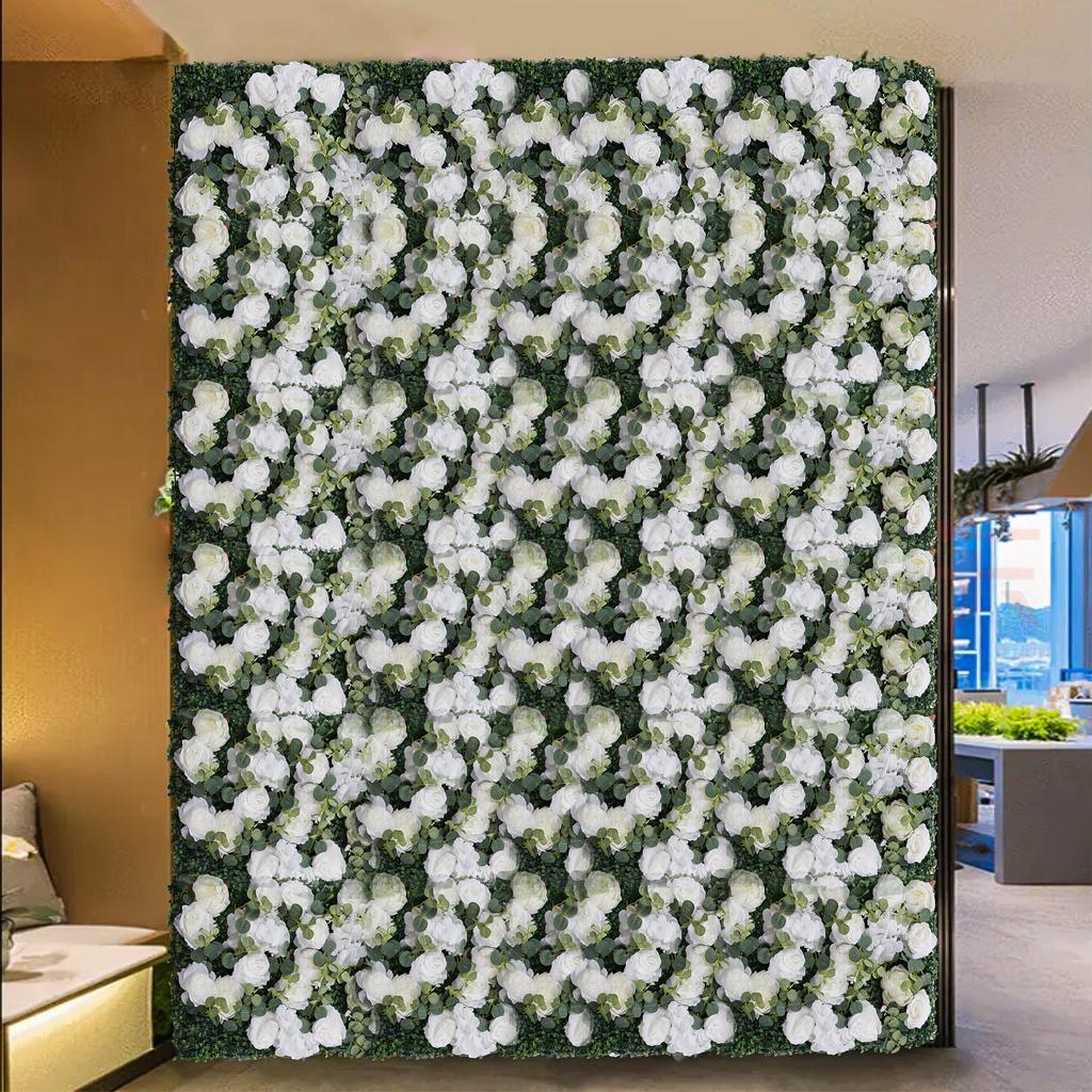 6 Pcs Flower Wall Panel , Green and White Faux Rose Backdrop, Artificial Flower Decor for Wedding Arch, Party Decor, Photo Booth