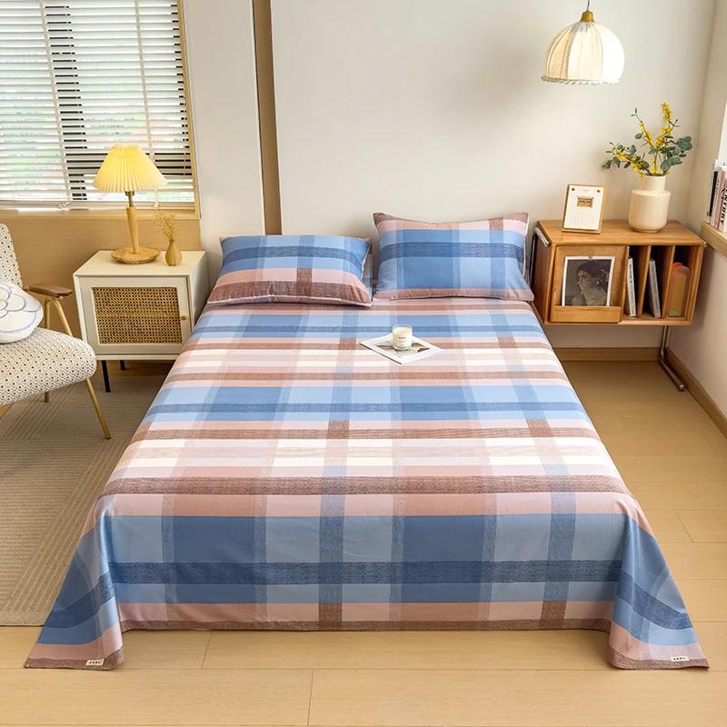 Geometric Plaid Pattern Bed Sheet Set Simple Grid Flat Sheet 100% Cotton Bedding Breathable Durable Sheets with 2 Pillowcases