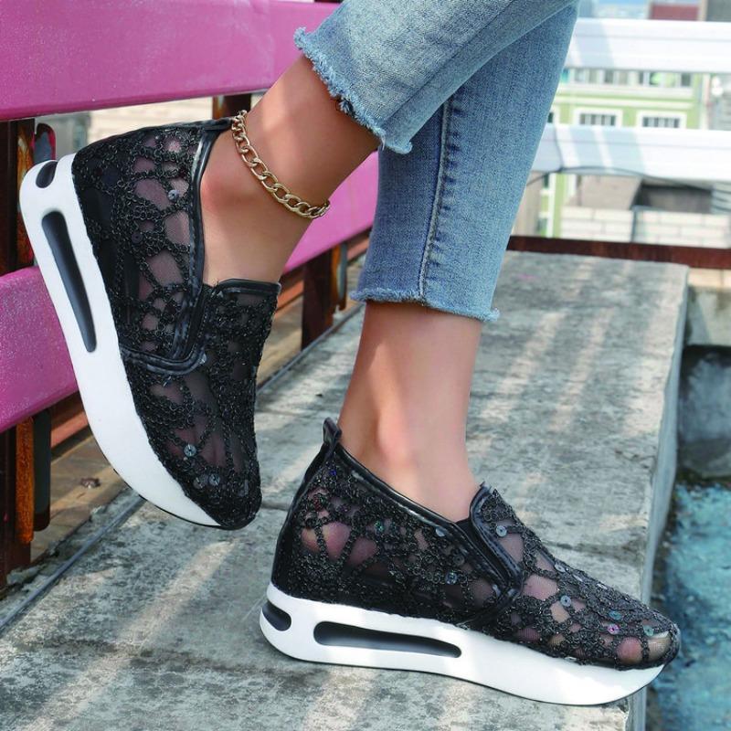 Mode Sexy Dentelle Paillettes Chaussures à la Mode pour Femmes Nouvelles Chaussures Vulcaniées Décontractées Légères Respirantes Confort Sandales Polyvalentes 2024Nouveau