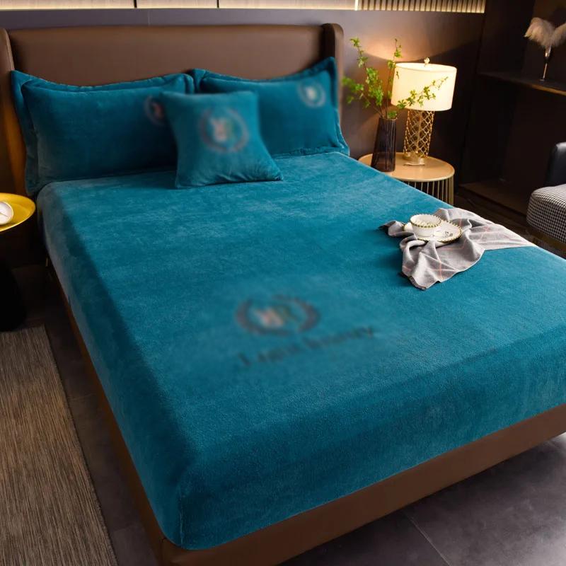 

Утолщенный бархатный чехол для кровати, эластичный комплект простыней, чехол для матраса, мягкий, размер Queen King, однотонный 90/150/x200 для бесплатной доставки 2PC Pillowcase озеро синий