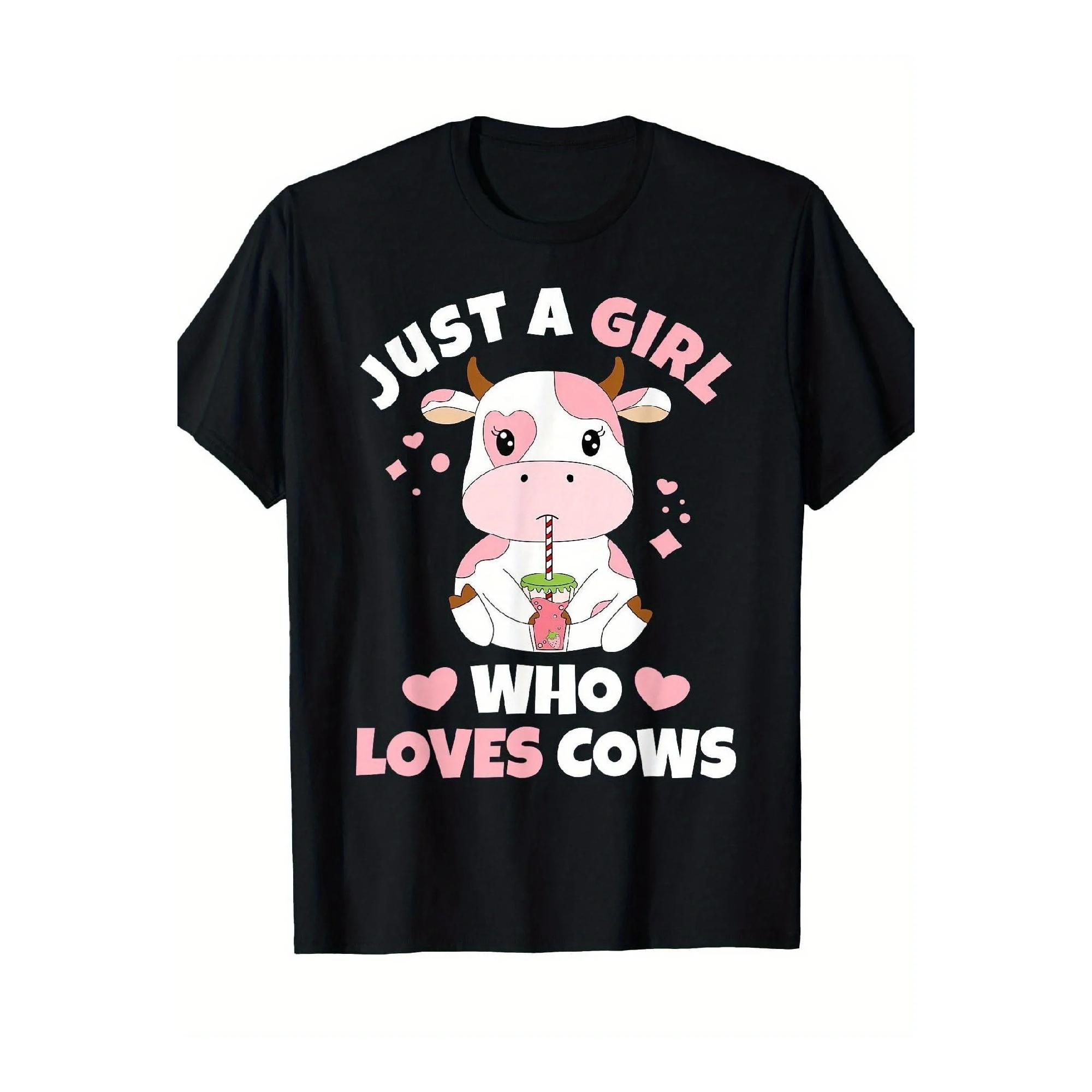 Cute Strawberry Cow Just A Girl Who Loves Cows Graphic Tee Soft Short Sleeve T-Shirt S чёрный