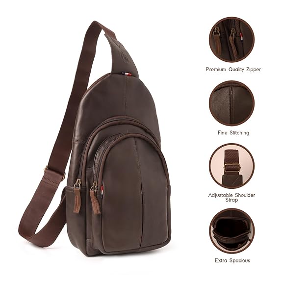 Genuine Leather Chest Sling Bag Crossbody Shoulder Backpack Unisex Adjustable Strap Multi Pocket Travel Office Daily Use