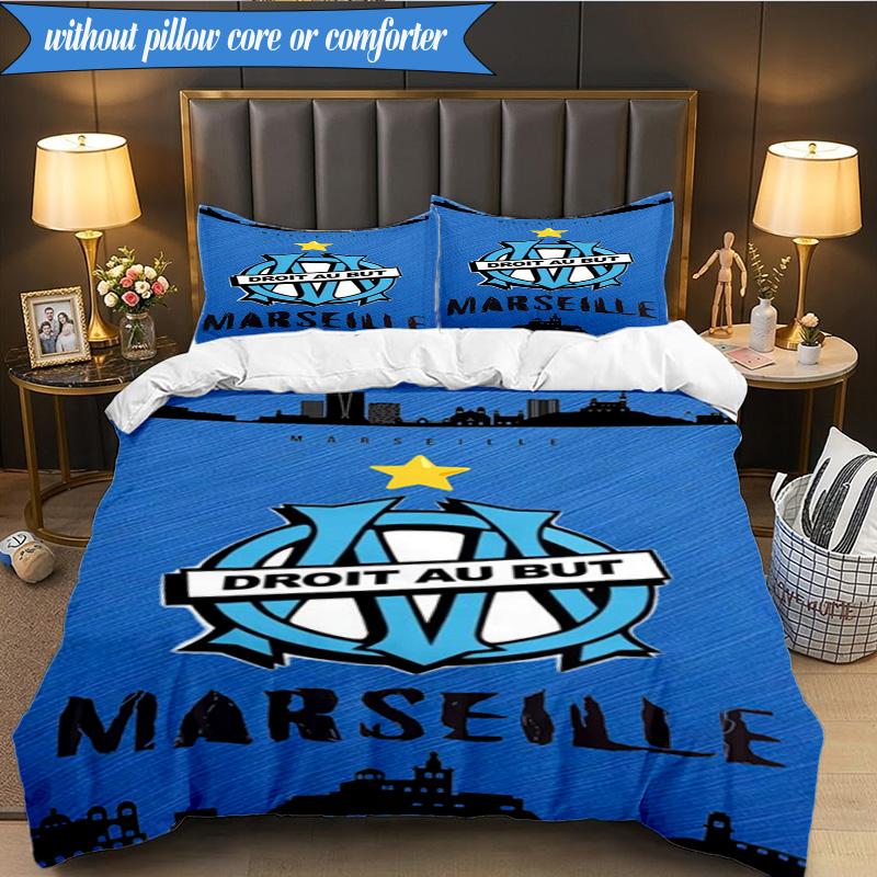 3PCS Olympique Football Crest Printed Soft Bedding Set,Including 1pc Duvet Cover And 2pcs Pillowcases Perfect for Bedroom, Dormitory, Fan gift