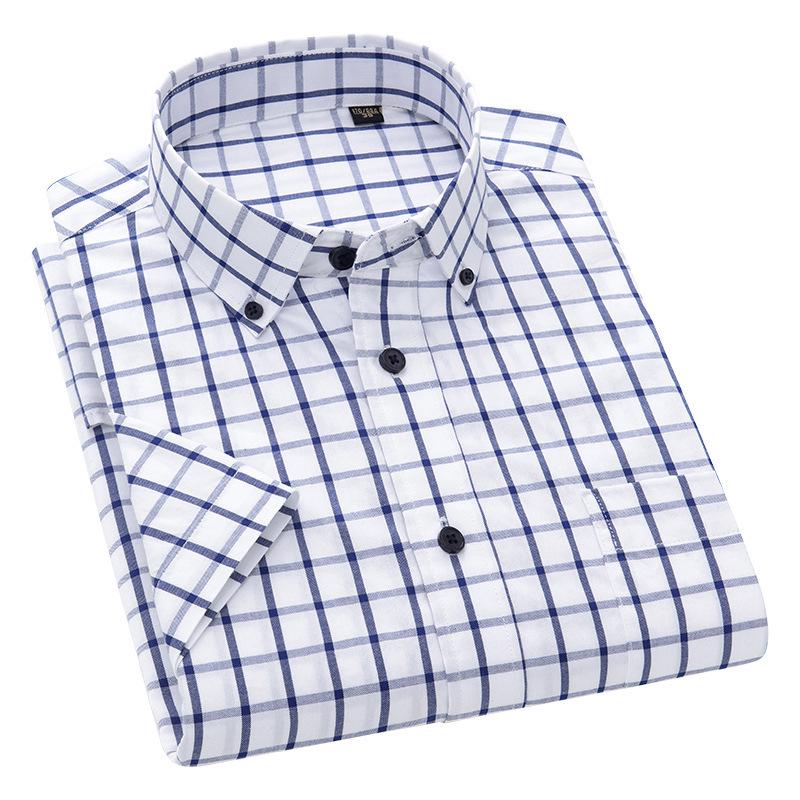 Herr sommar Oxford bomull kortärmad skjorta - Business Casual, Enzymtvättad, Antibakteriell