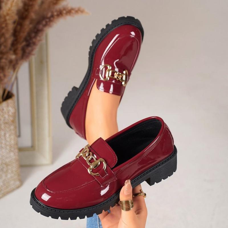 British style small leather shoes spring and autumn new thick heel round head metal buckle platform shoes large size
