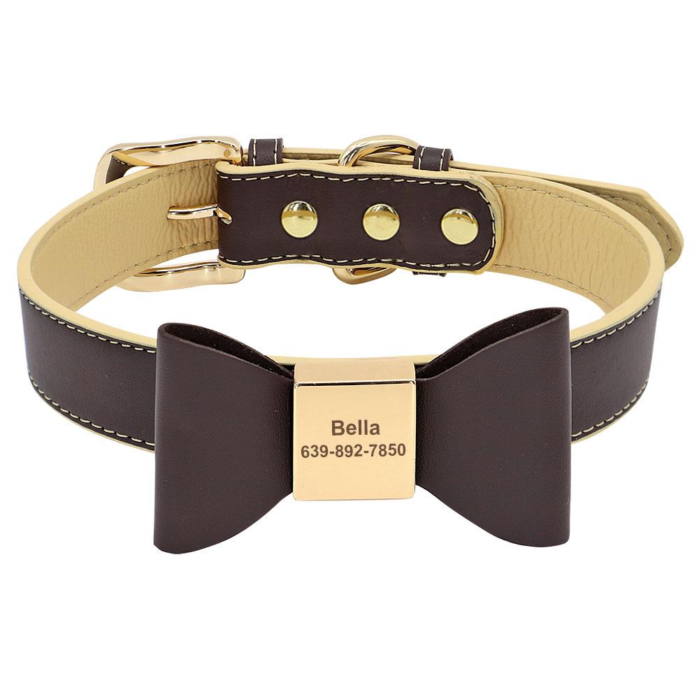 

Personalized Dog Collar Cute Bowknot Engraved Dog Collars PU Leather Puppy Cat Necklace Adjustable for Small Medium Large Dogs M темно-коричневого кольору