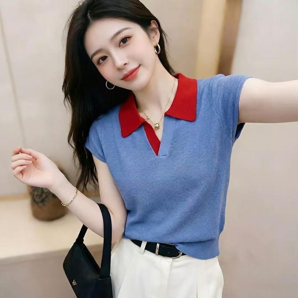 Summer New Color-matching POLO Collar Thin Short-sleeved Knitted Top for Women, Slimming and Fashionable, Versatile, with A V-neck Design. T-shirt