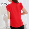 Summer Chiffon Shirt Stand Collar V-neck Petal Short Sleeve Pullover Tops Solid Color Thin Women Blouse Workwear