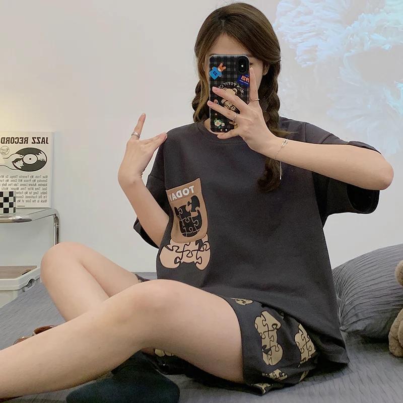 Summer Woman Pajama Cotton Cartoon Sleepwear Orange Cartoon Printing Pyjamas Set Young Lady Shorts Pullover Lingeries