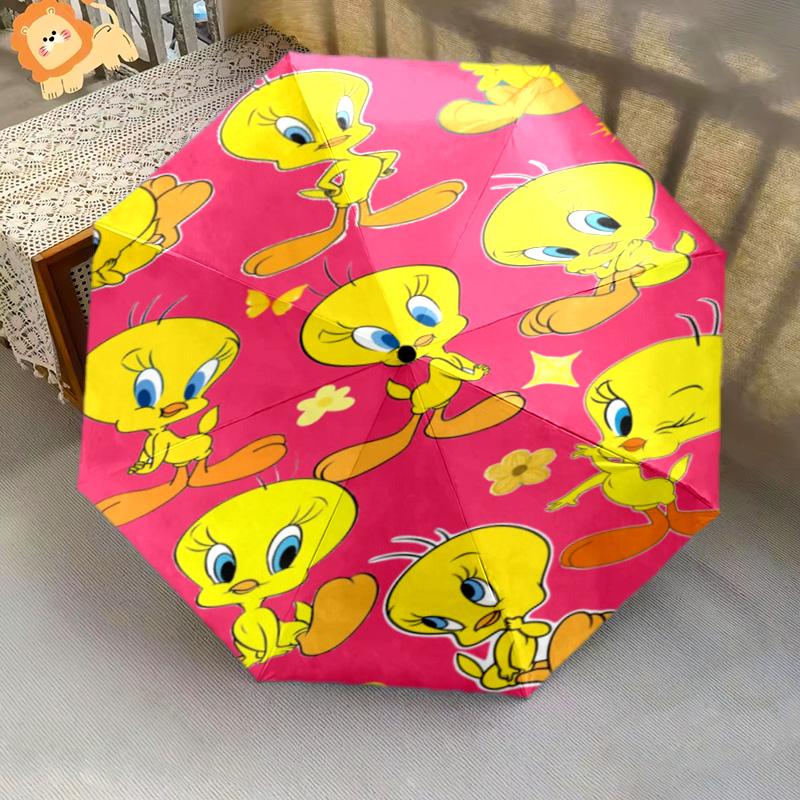 Tweety Blue Yellow Stripes Folding Umbrella Suitable For All Seasons Travel Sun Umbrella Travel Umbrella