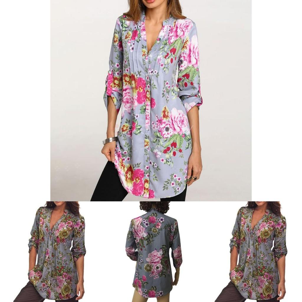 Elegant Bb Women Floral Print V-neck Big Size Tops Tunic For All Seasons