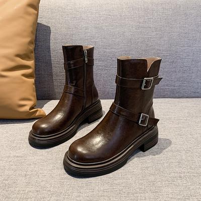 Damen Knöchel 0 Stiefel Herbst Damen Freizeitschuhe Frau Flach Mode Plateau Runde Zehe Schnallenriemen Einfarbig Bequem 2024